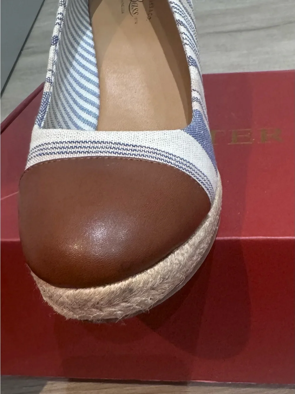 G.H. Bass & Co. Blue and White Striped Espadrille Wedge with Brown Cap Toe